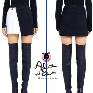 Alice + Olivia Patchwork Two Tone Black White Denim Jeans Mini Skirt